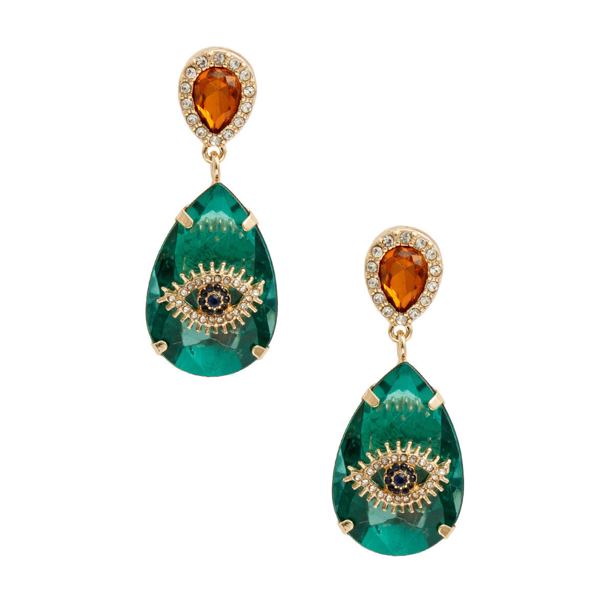 Green Crystal Teardrop Evil Eye Earrings