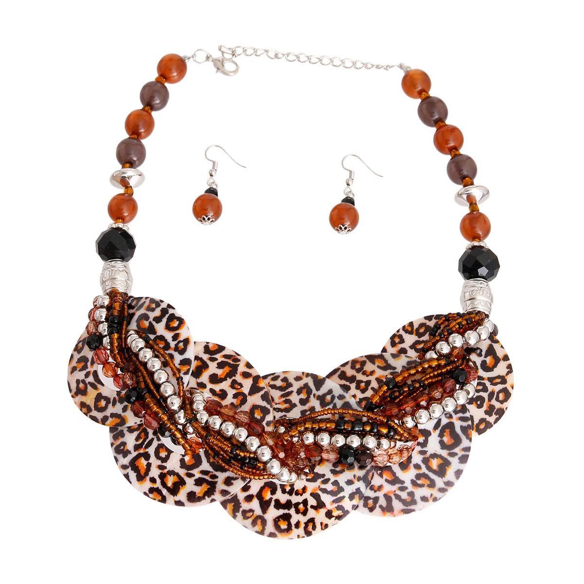 Leopard Silver Beaded Disc Necklace