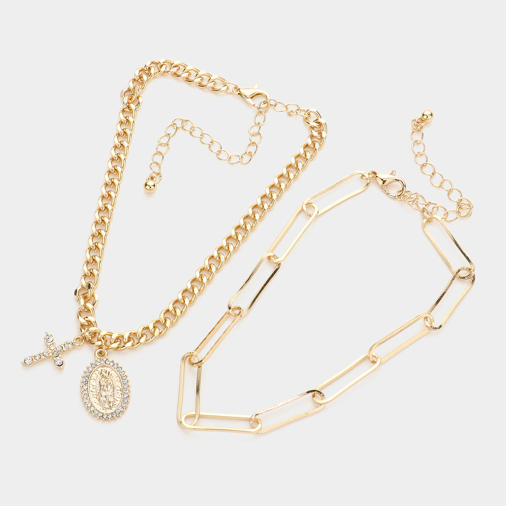 iLLASPARKZ 2PCS - Rhinestone Cross Virgin Mary Charm Anklets