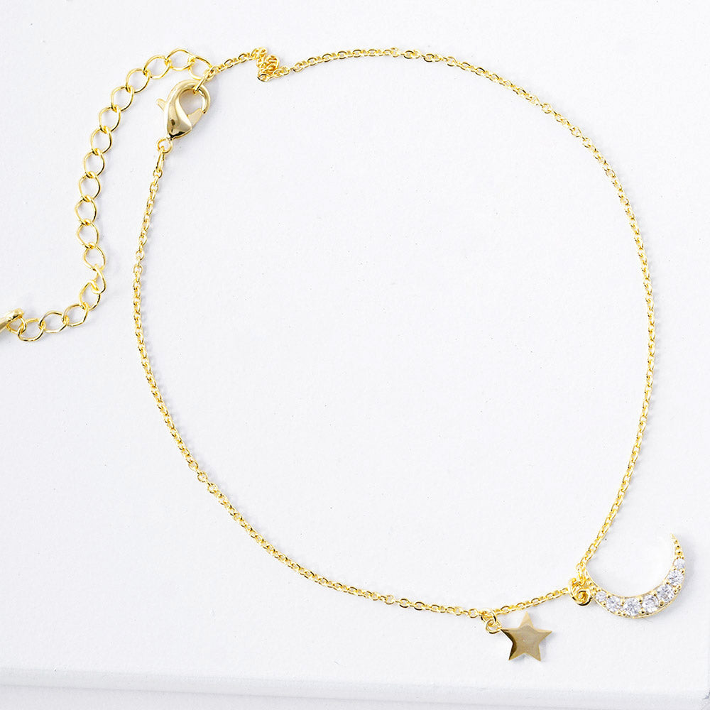 iLLASPARKZ Gold Dipped CZ Embellished Metal Star Crescent Moon Charm Anklet