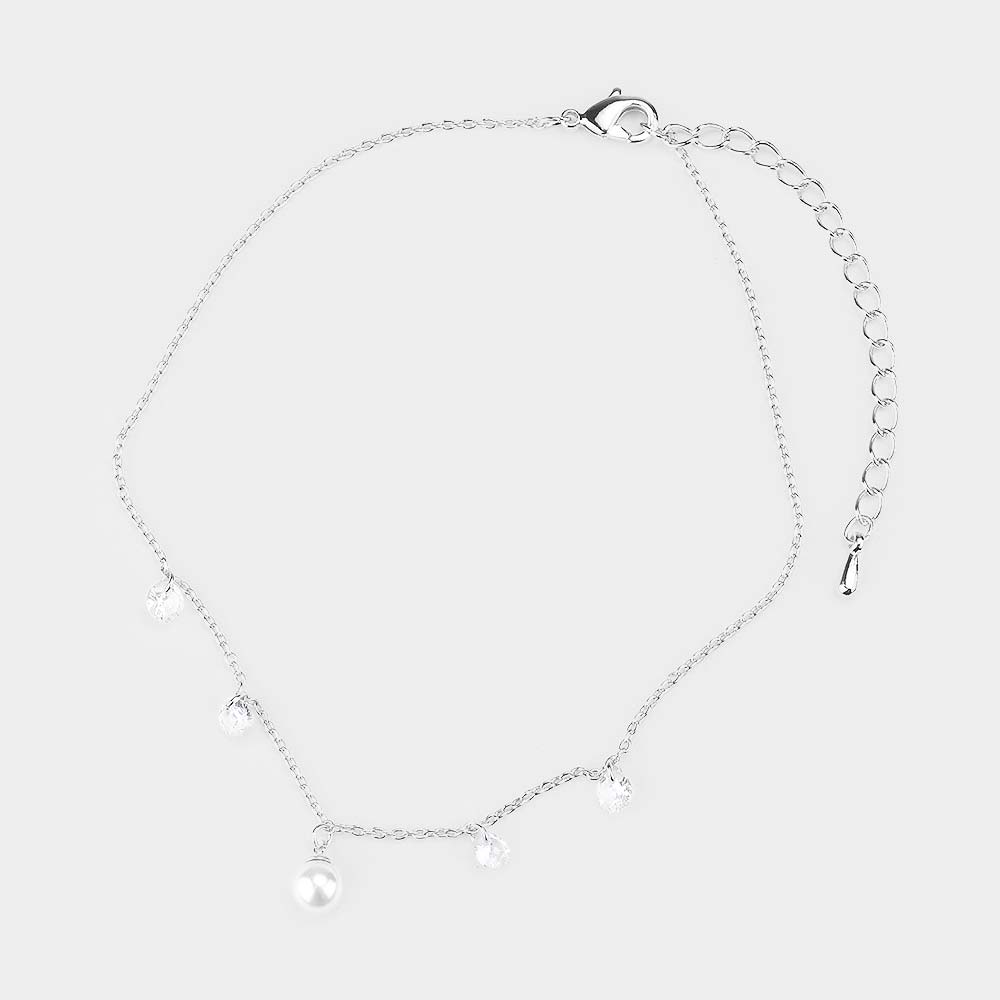 iLLASPARKZ White Gold Dipped Pearl Round Stone Station Anklet