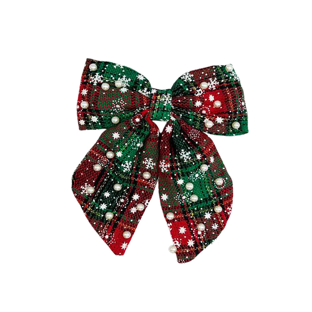 iLLASPARKZ Pearl Embellished Snowflake Printed Checkered Christmas Bow Barrette