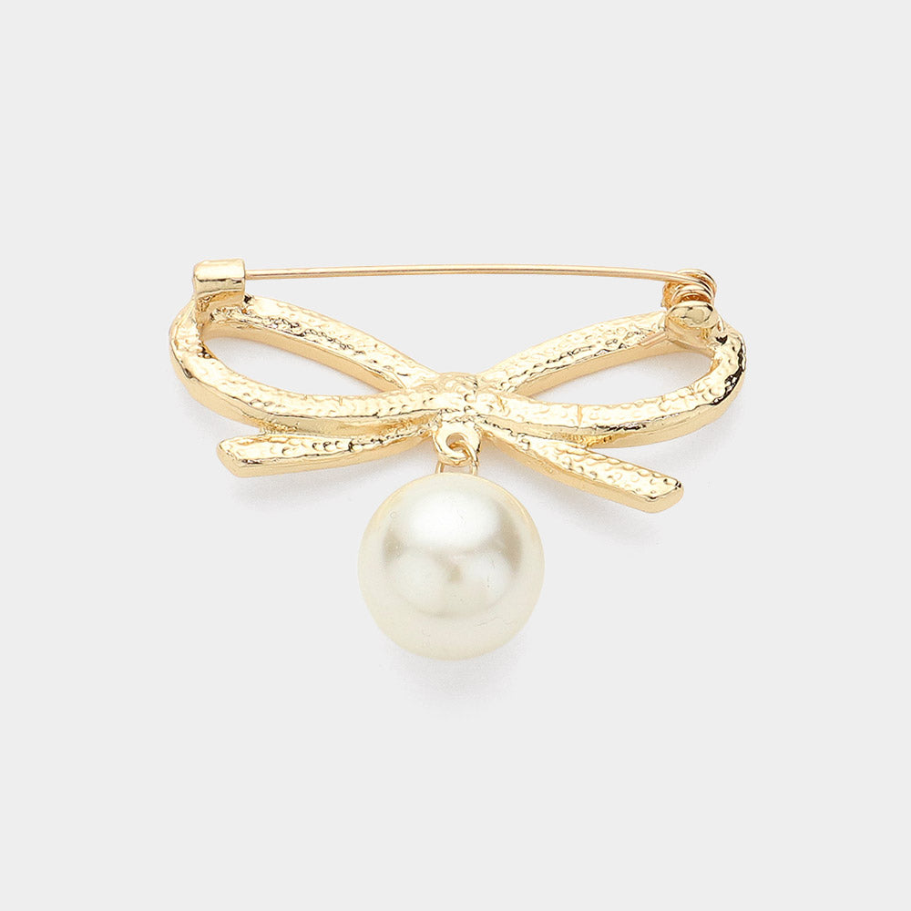 iLLASPARKZ Pearl Dangle Rhinestone Paved Bow Pin Brooch