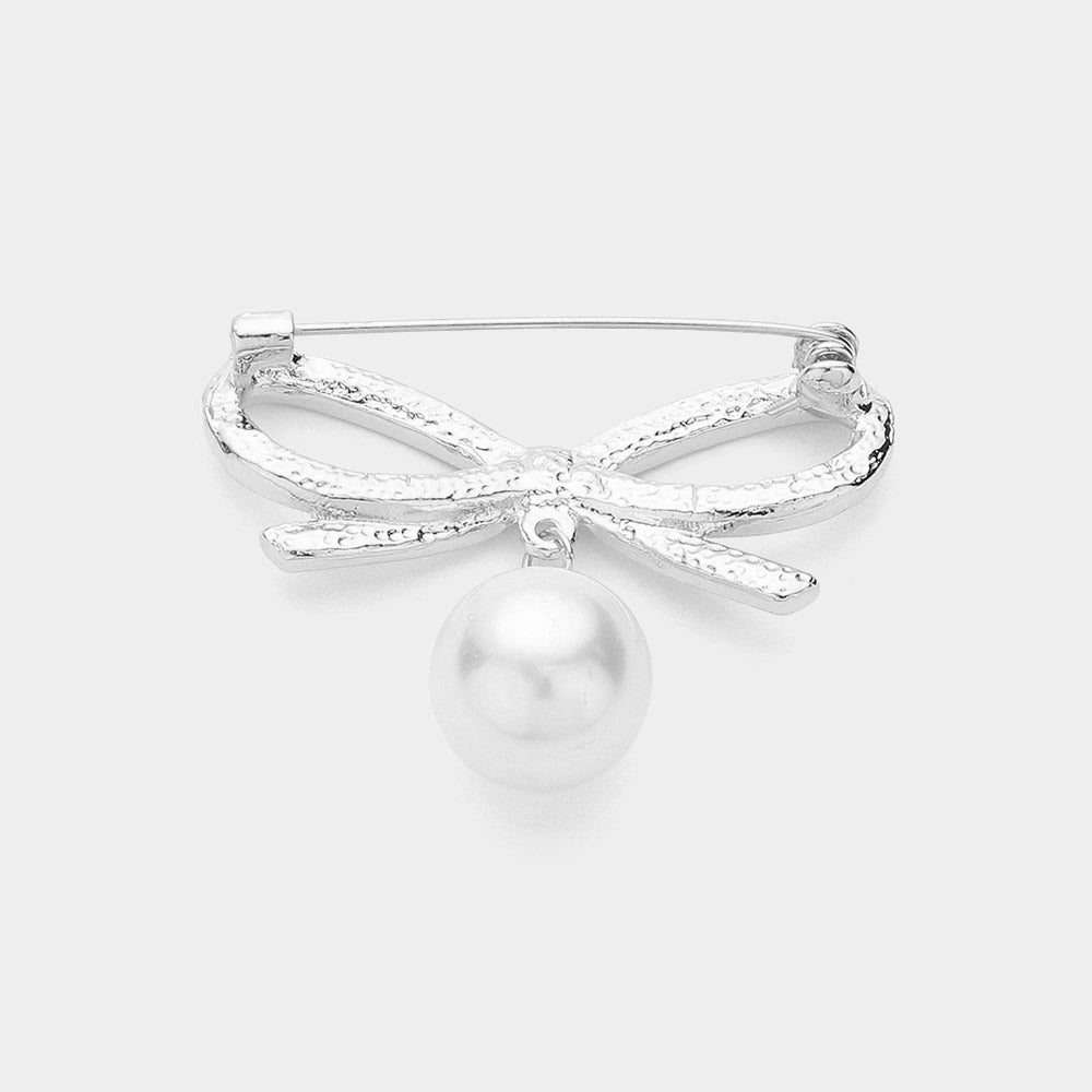 iLLASPARKZ Pearl Dangle Rhinestone Paved Bow Pin Brooch