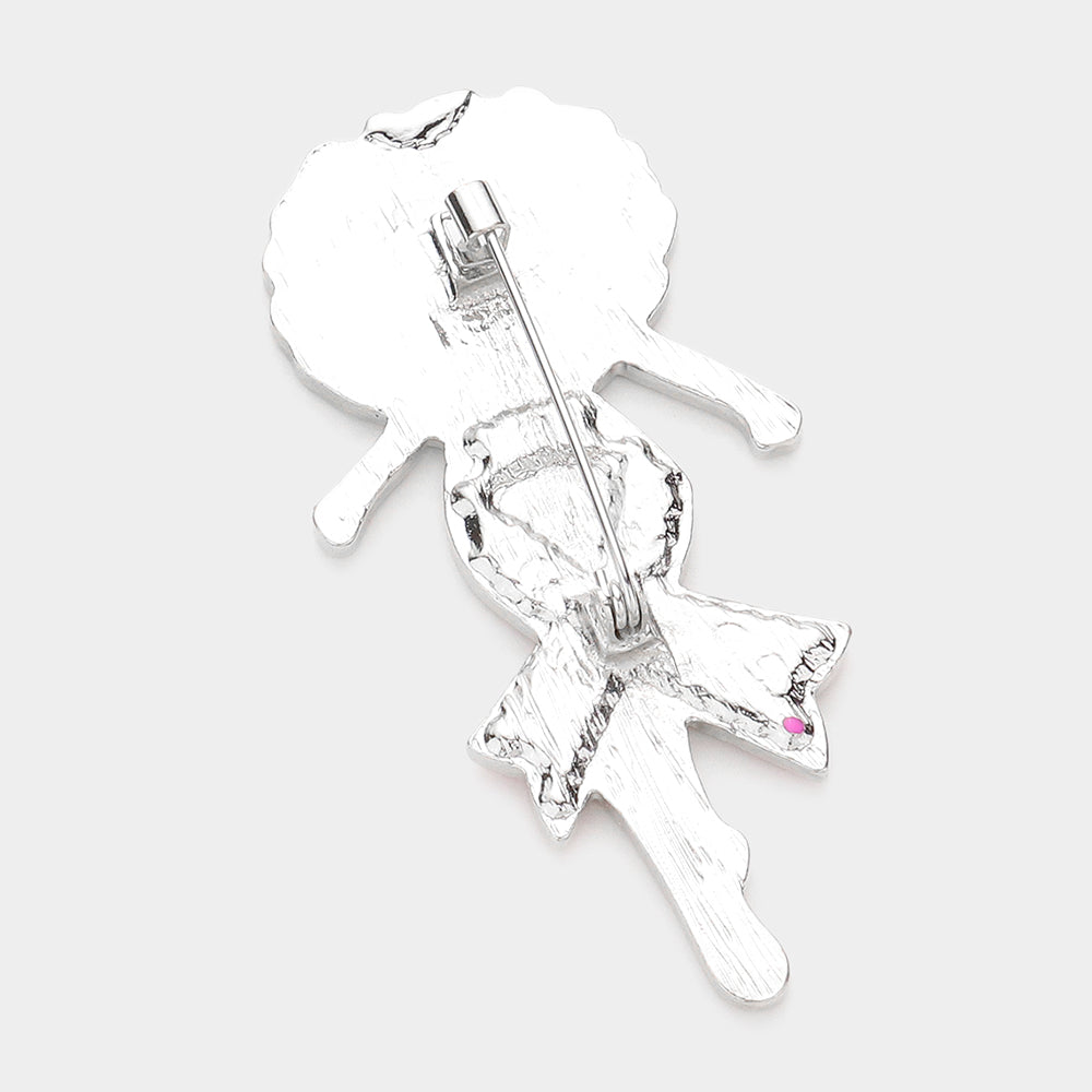 iLLASPARKZ Pink Ribbon Accented Enamel Metal Afro Girl Pin Brooch