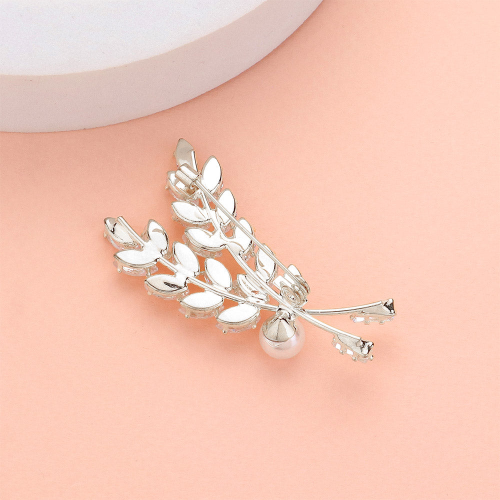 iLLASPARKZ Pearl Pointed CZ Stone Cluster Leaf Pin Brooch