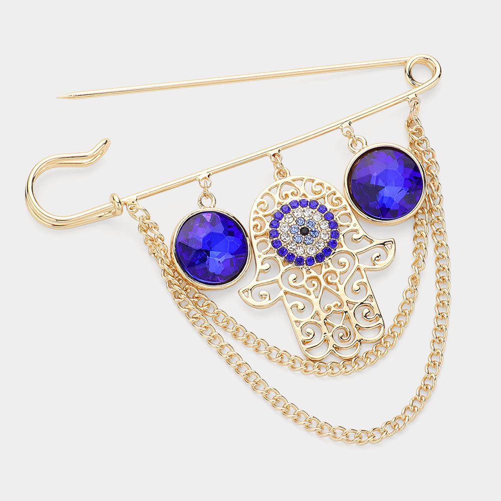 iLLASPARKZ Stone Paved Evil Eye Hamsa Hand Accented Chain Layered Pin Brooch