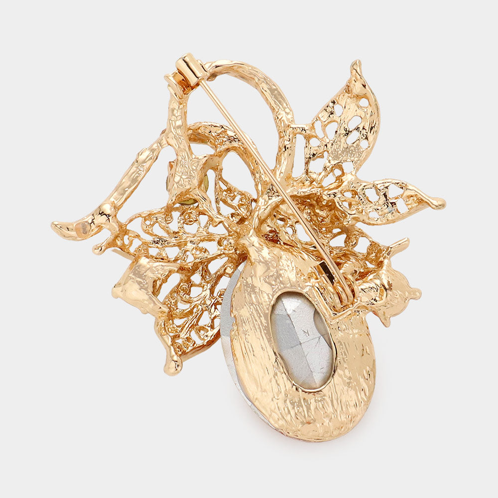 iLLASPARKZ Oval Stone Accented Leaf Detailed Bouquet Pin Brooch