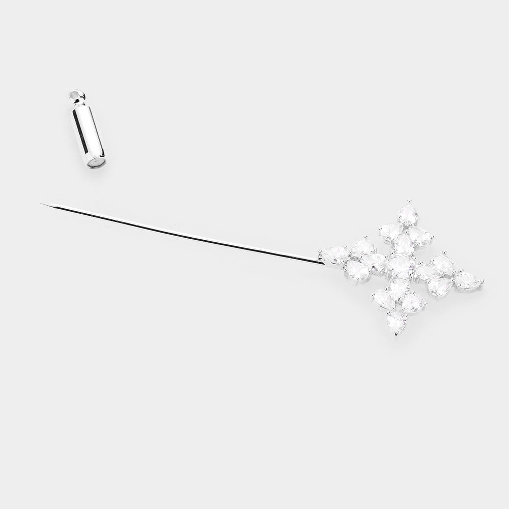 iLLASPARKZ White Gold Plated CZ Teardrop Stone Cluster Cross Lapel Pin Brooch