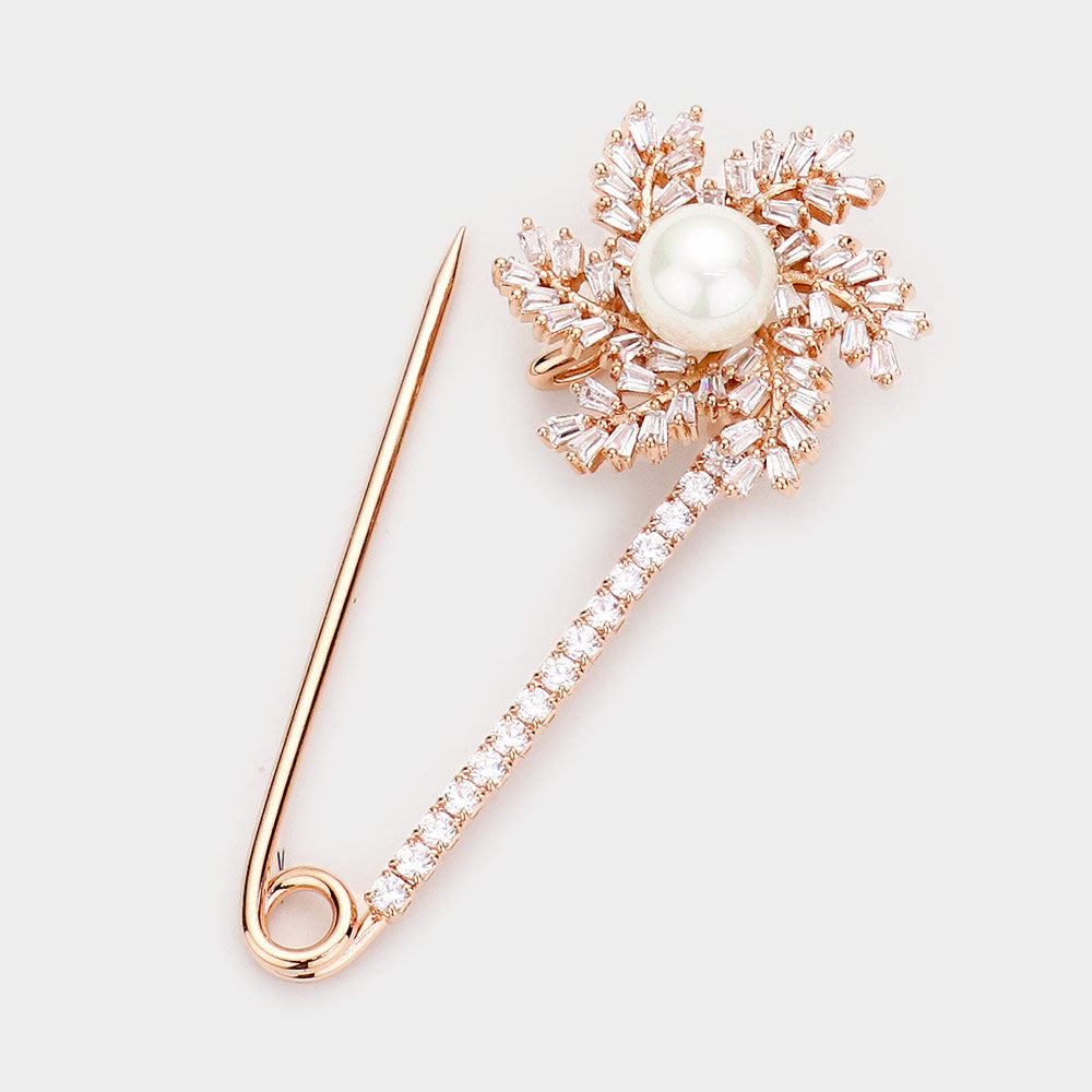 iLLASPARKZ Rose Gold Plated Pearl Centered CZ Flower Safety Pin Brooch