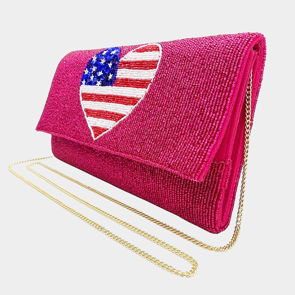 iLLASPARKZ American USA Flag Heart Seed Beaded Clutch / Crossbody Bag