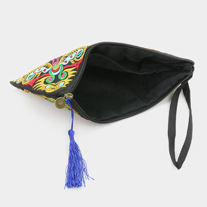 iLLASPARKZ Embroidered oriental flower wristlet clutch bag with tassel