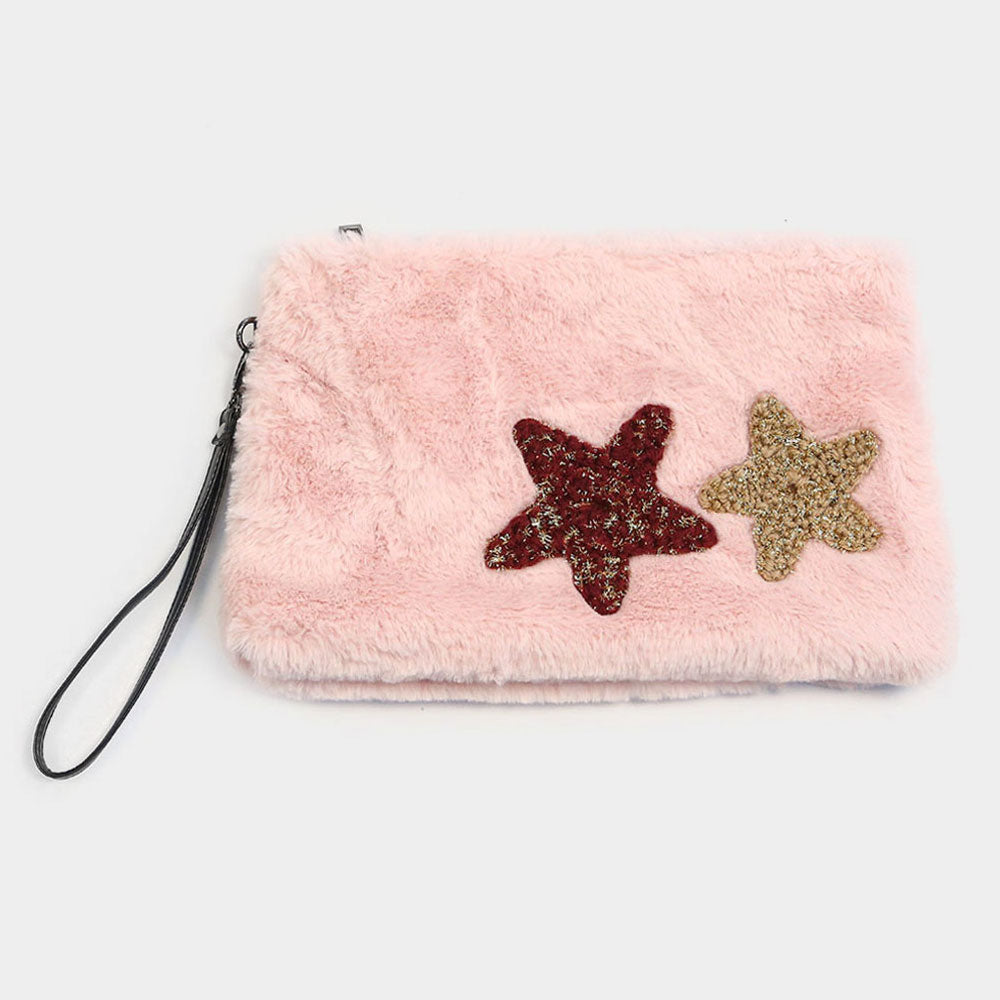 iLLASPARKZ Star Patches Fuzzy Faux Fur Wristlet Clutch Bag