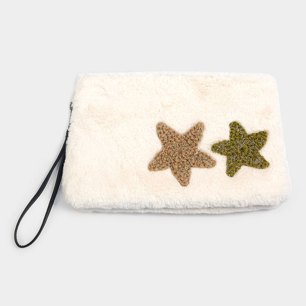 iLLASPARKZ Star Patches Fuzzy Faux Fur Wristlet Clutch Bag