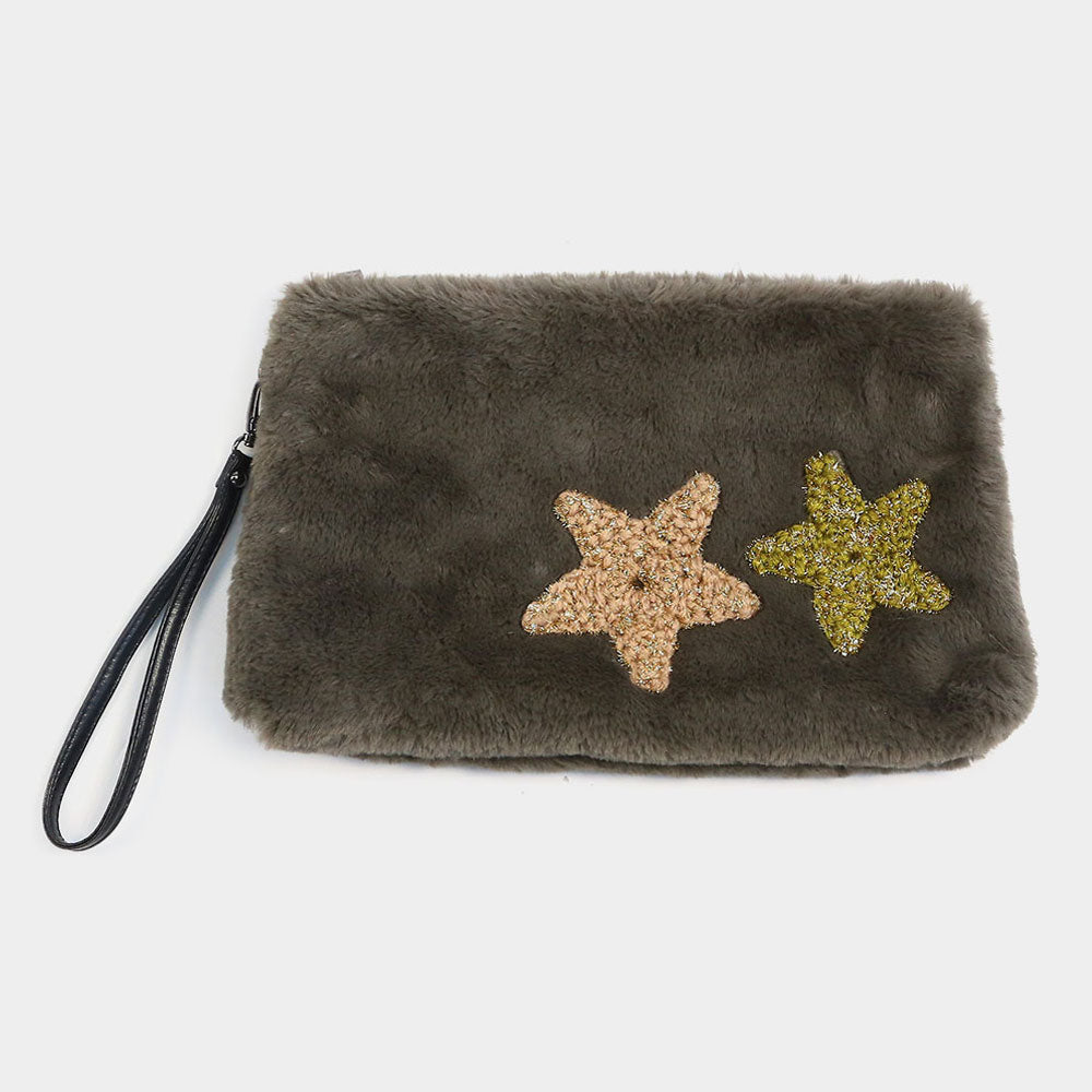 iLLASPARKZ Star Patches Fuzzy Faux Fur Wristlet Clutch Bag