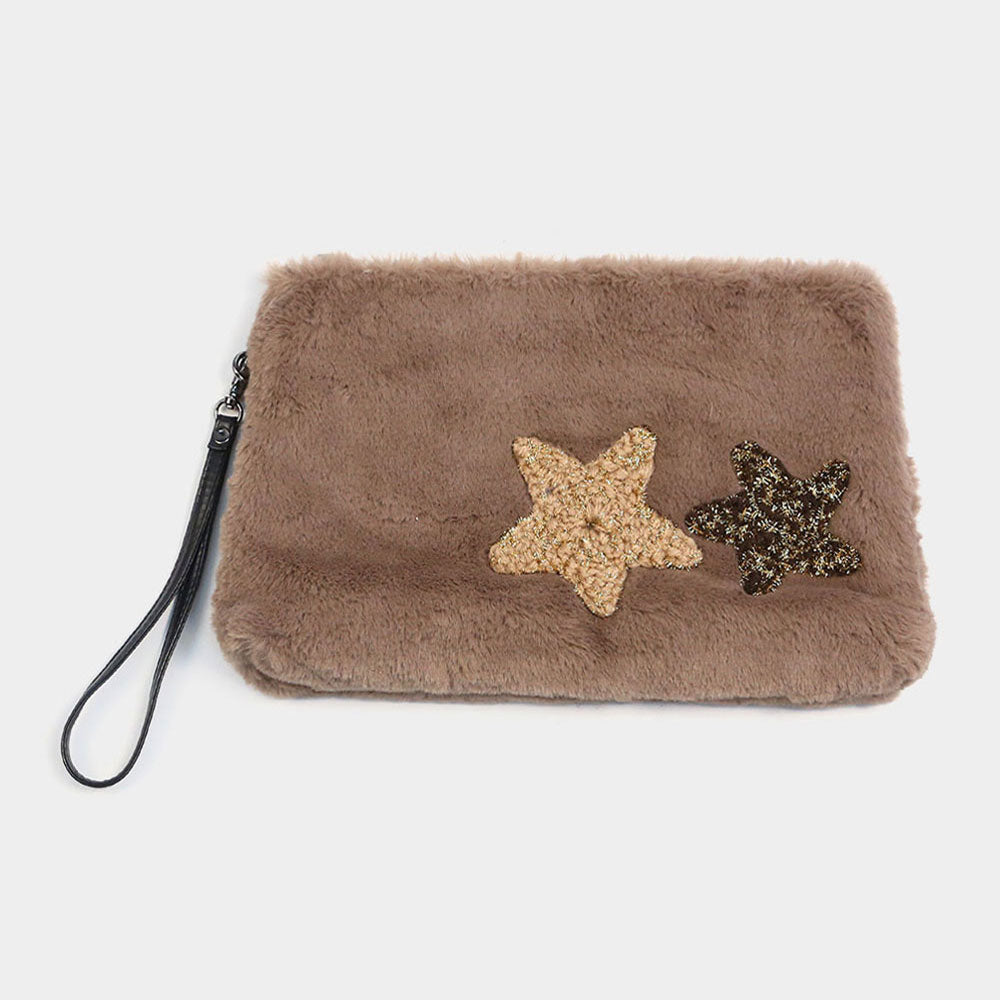 iLLASPARKZ Star Patches Fuzzy Faux Fur Wristlet Clutch Bag