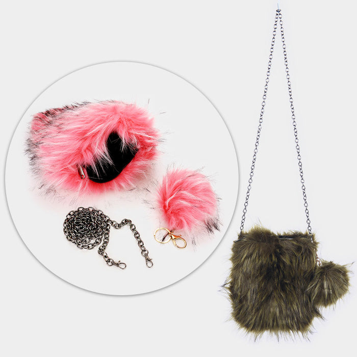 iLLASPARKZ Furry Faux Fur Pom Pom Square Clutch Bag