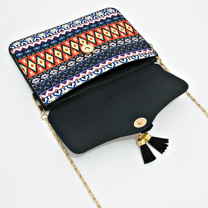 iLLASPARKZ Aztec Pattern Double Tassel Drop Clutch Bag with Metal Chain Strap