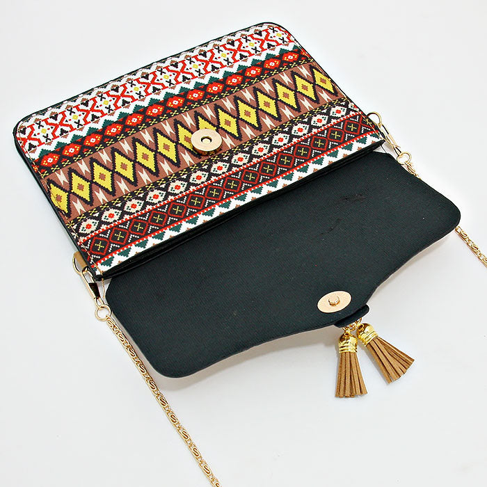 iLLASPARKZ Aztec Pattern Double Tassel Drop Clutch Bag with Metal Chain Strap