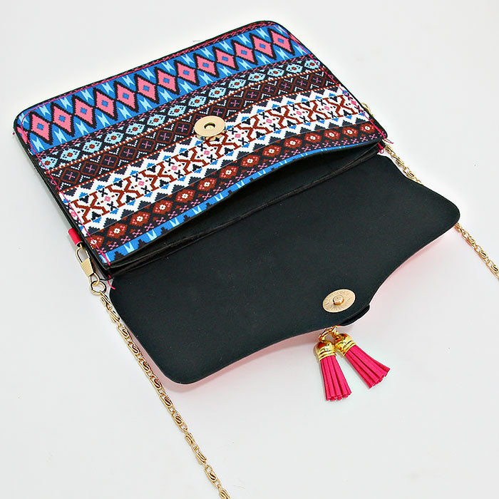 iLLASPARKZ Aztec Pattern Double Tassel Drop Clutch Bag with Metal Chain Strap