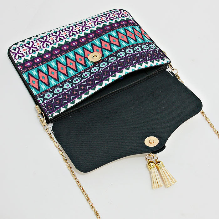 iLLASPARKZ Aztec Pattern Double Tassel Drop Clutch Bag with Metal Chain Strap