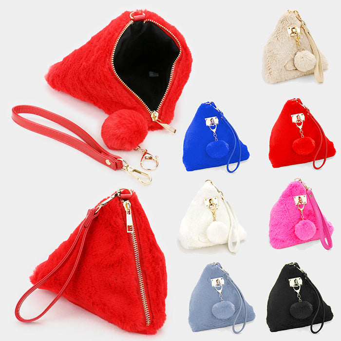 iLLASPARKZ Pom Pom Charm Furry Triangle Wrist Clutch Bag