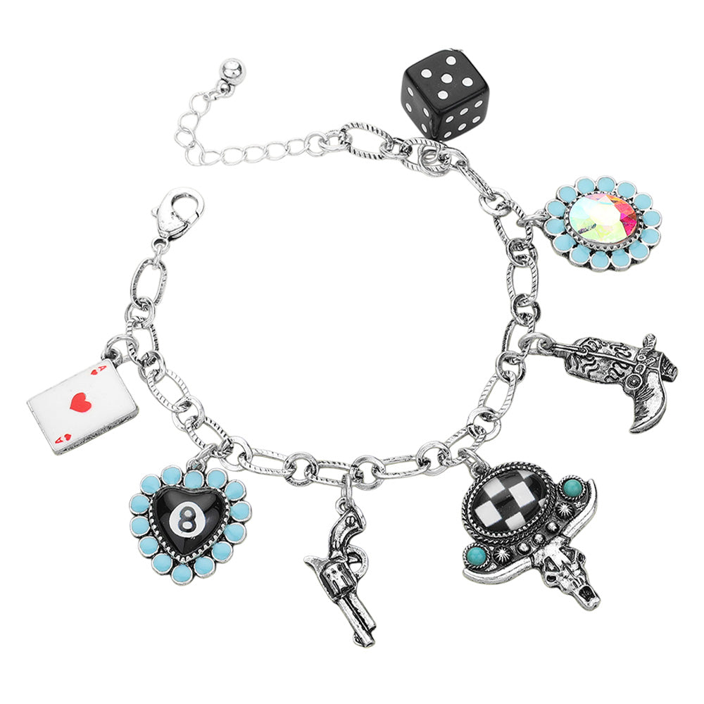 iLLASPARKZ Ace Of Heart 8 Ball Billiard Heart Metal Gun Western Steerhead Boot Dice Charm Station Bracelet