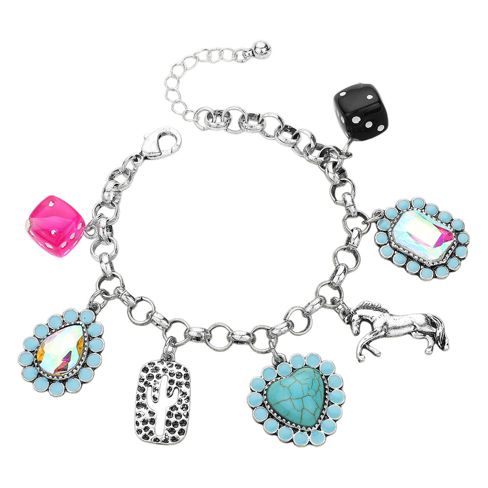 iLLASPARKZ Dice Teardrop Rectangle Stone Cluster Turquoise Heart Cluster Metal Cactus Western Horse Charm Station Bracelet