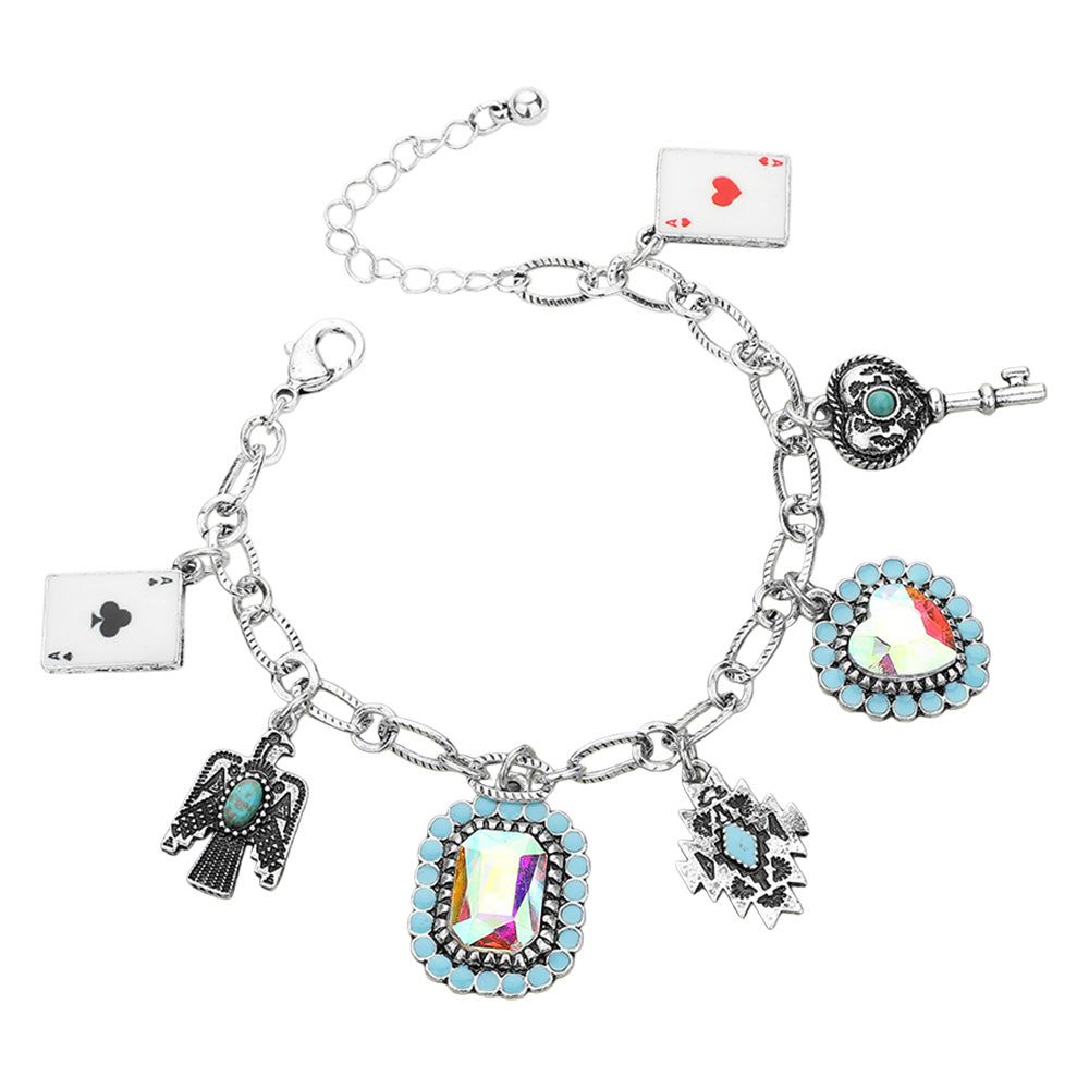 iLLASPARKZ Ace Of Heart Ace Of Clover Western Bird Key Rectangle Heart Stone Cluster Charm Station Bracelet