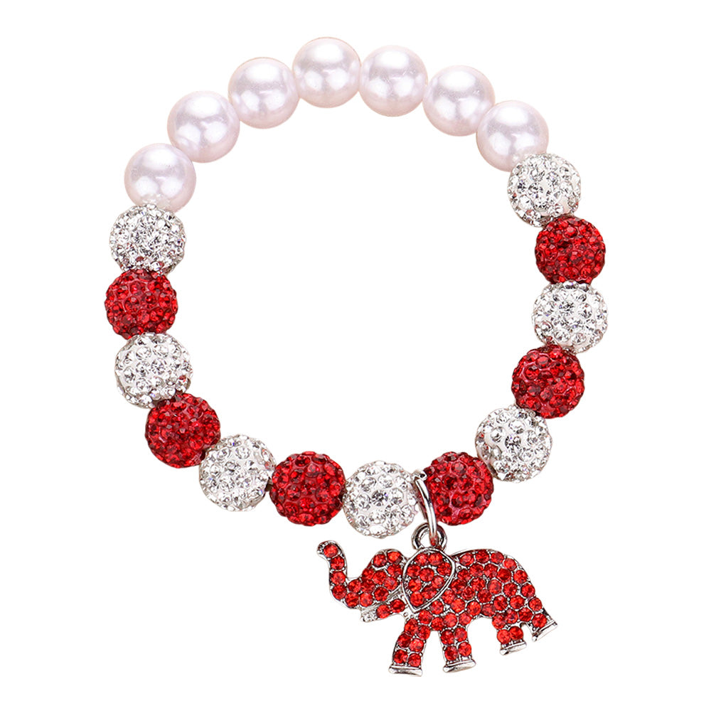 iLLASPARKZ Stone Paved Elephant Charm Pointed Pearl Shamballa Ball Beaded Stretch Bracelet