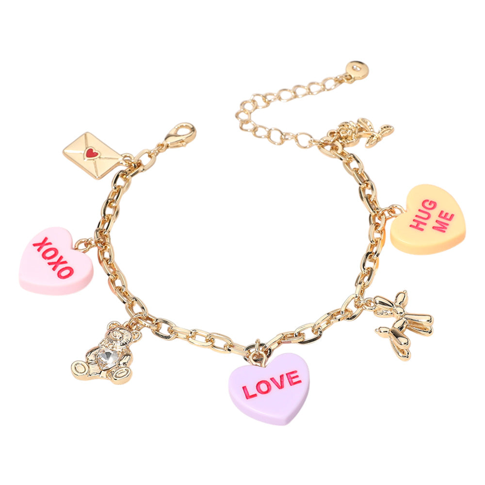 iLLASPARKZ XOXO LOVE HUG ME Message Heart Metal Balloon Dog Teddy Bear Love Letter Charm Station Bracelet