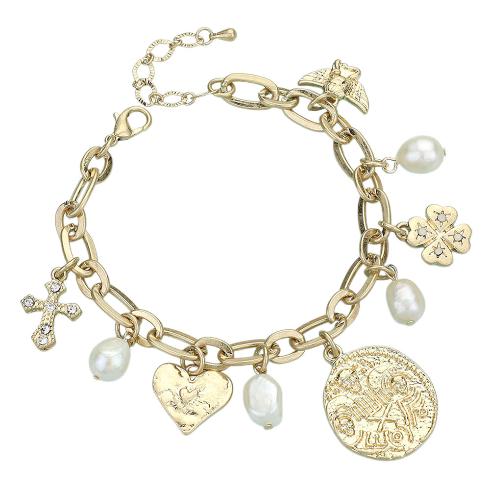 iLLASPARKZ Cross Pearl Heart Clover Angel Coin Charm Station Bracelet