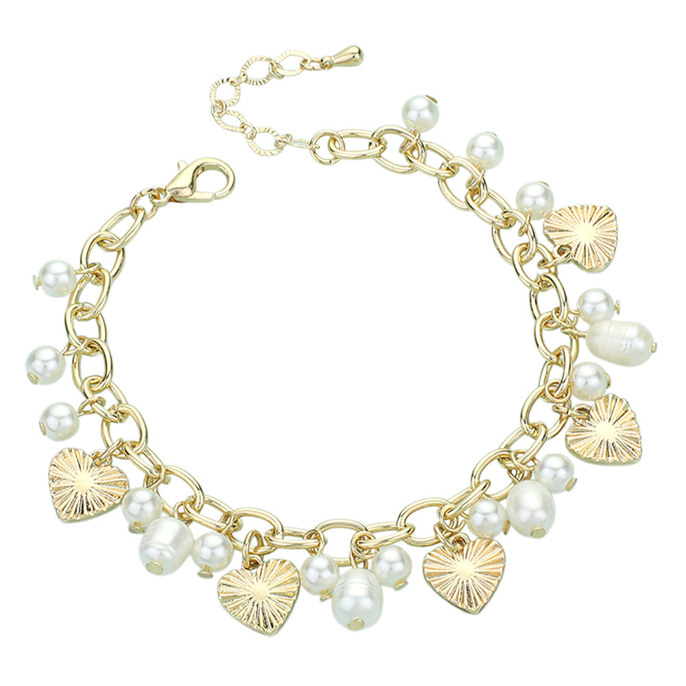 iLLASPARKZ Textured Metal Heart Pearl Charm Chain Bracelet