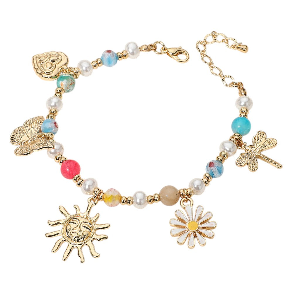 iLLASPARKZ Metal Sun Butterfly Heart Dragonfly Enamel Flower Charm Beaded Bracelet