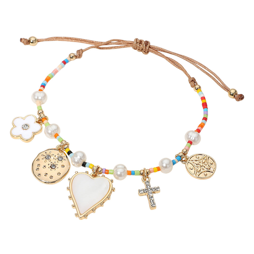 iLLASPARKZ Mother of Pearl Heart Enamel Flower Stone Paved Cross Star Charm Pearl Cylinder Beaded Adjustable Cinch Pull Tie Bracelet