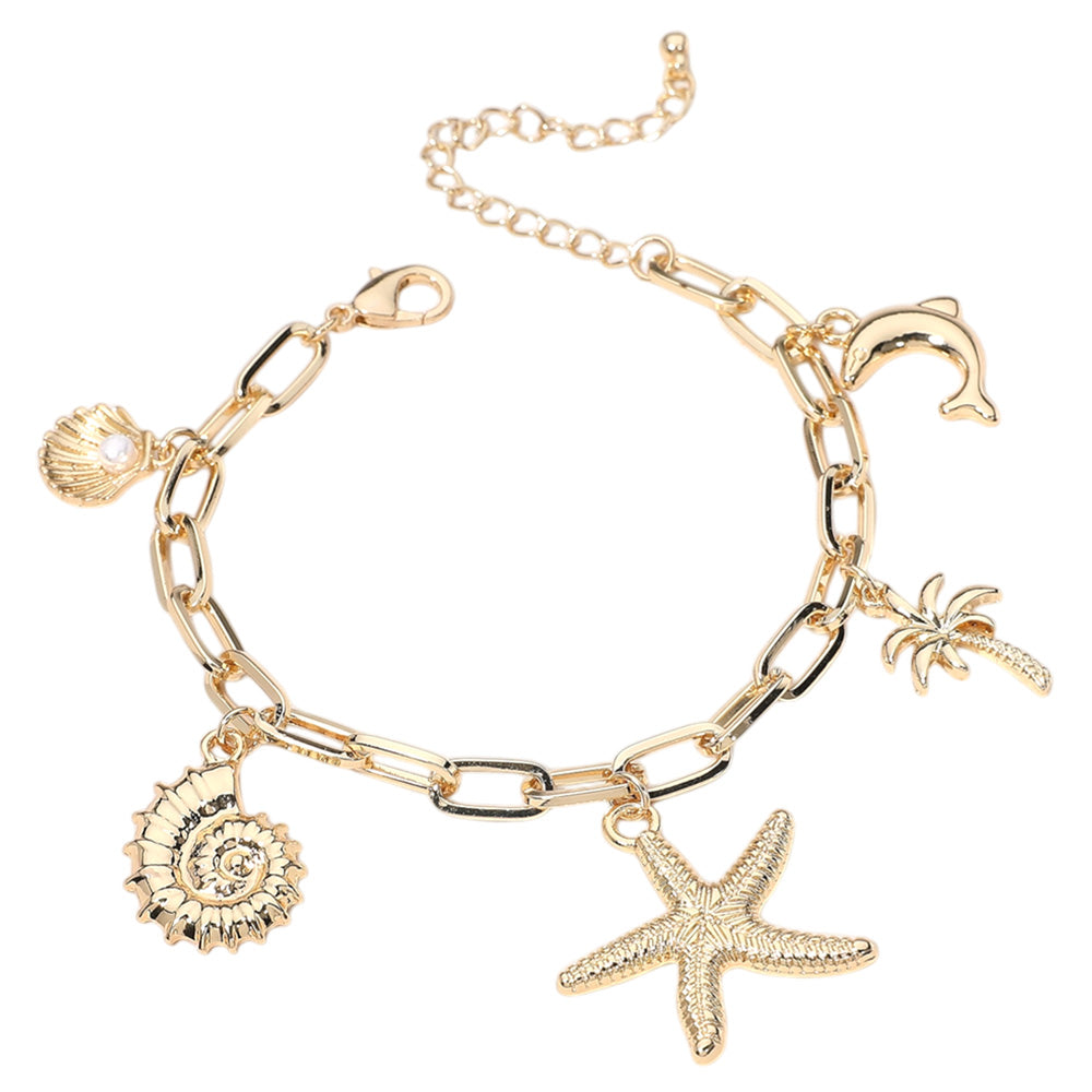 iLLASPARKZ Metal Starfish Shell Palm Tree Dolphin Pearl Shell Charm Station Paperclip Chain Bracelet