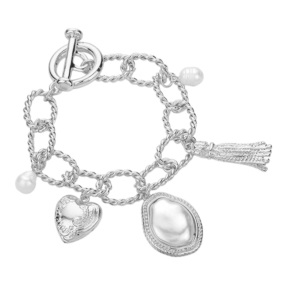 iLLASPARKZ SECRET BOX_Pearl Metal Heart Tassel Charm Station Toggle Bracelet