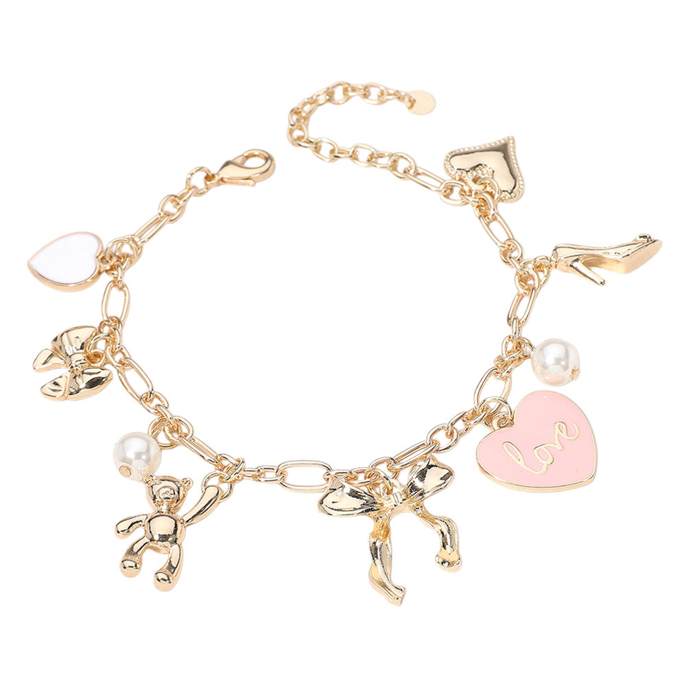 iLLASPARKZ Enamel Heart Pearl Metal Teddy Bear Bow High Heel Charm Station Bracelet