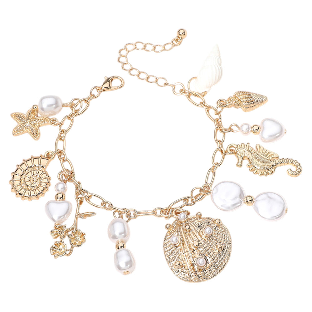 iLLASPARKZ Pearl Metal Starfish Shell Seahorse Charm Station Chain Bracelet