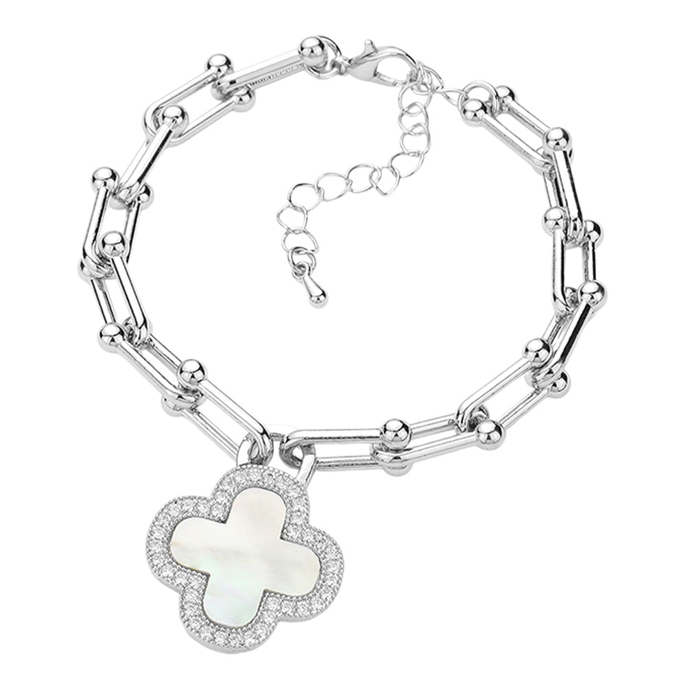 iLLASPARKZ CZ Stone Paved Rim Mother Of Pearl Quatrefoil Charm Hardware Link Bracelet