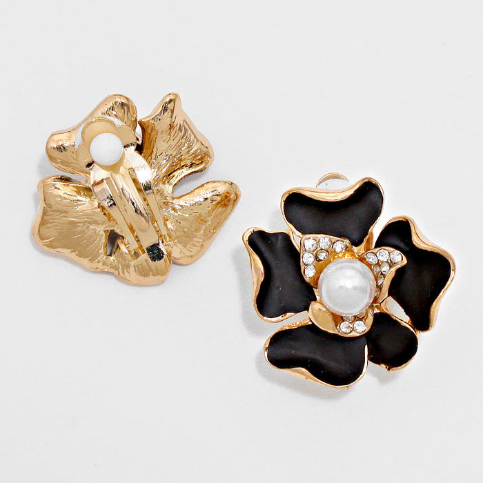 iLLASPARKZ Pearl Accented Wind Blown Flower Clip on Earrings