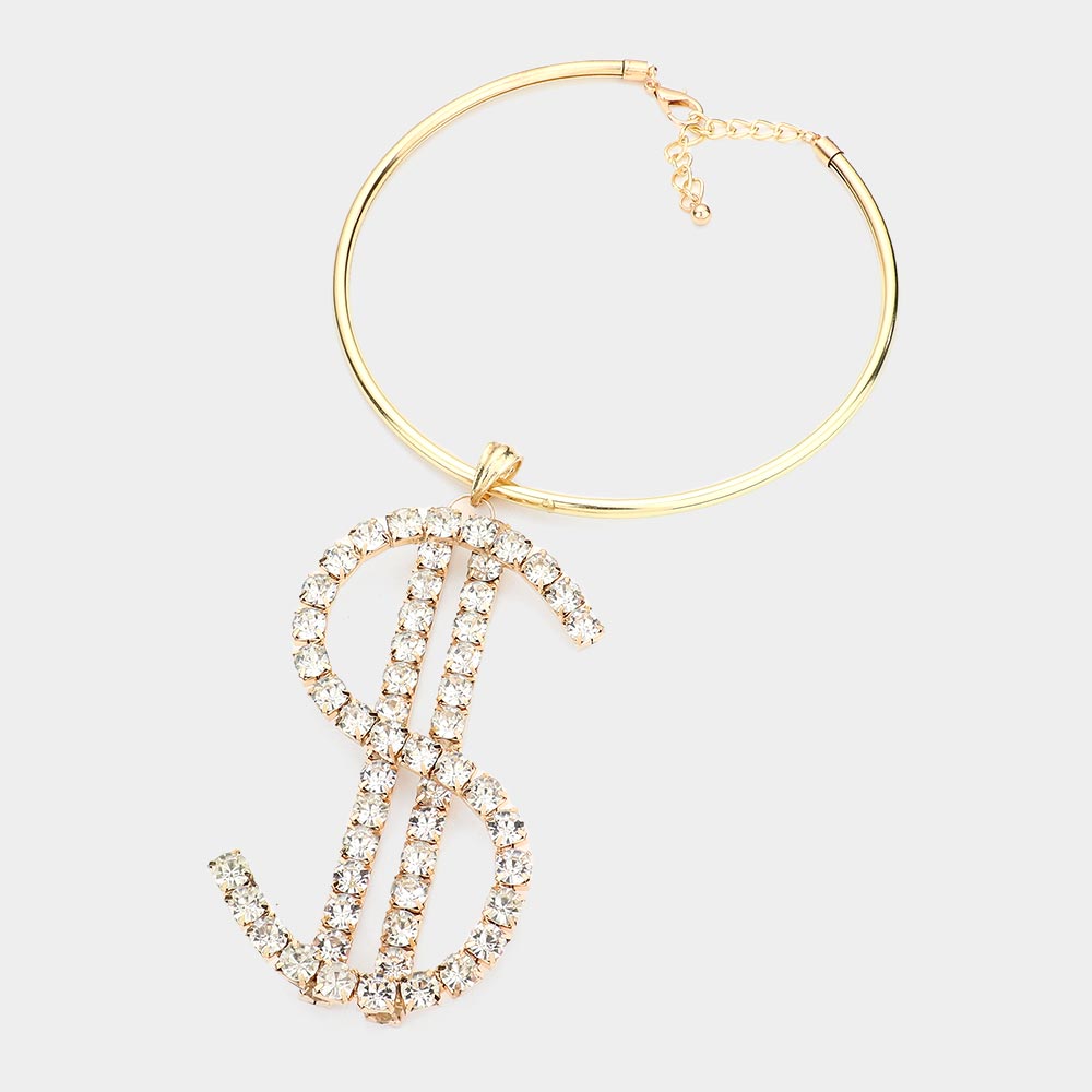 iLLASPARKZ Oversized Rhinestone Pave Dollar Sign Pendant Choker Necklace