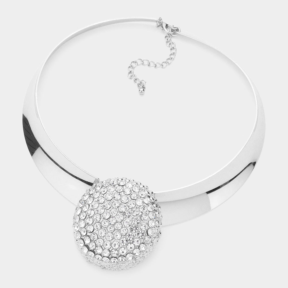 iLLASPARKZ Round Rhinestone Paved Pendant Accented Metal Evening Choker Necklace