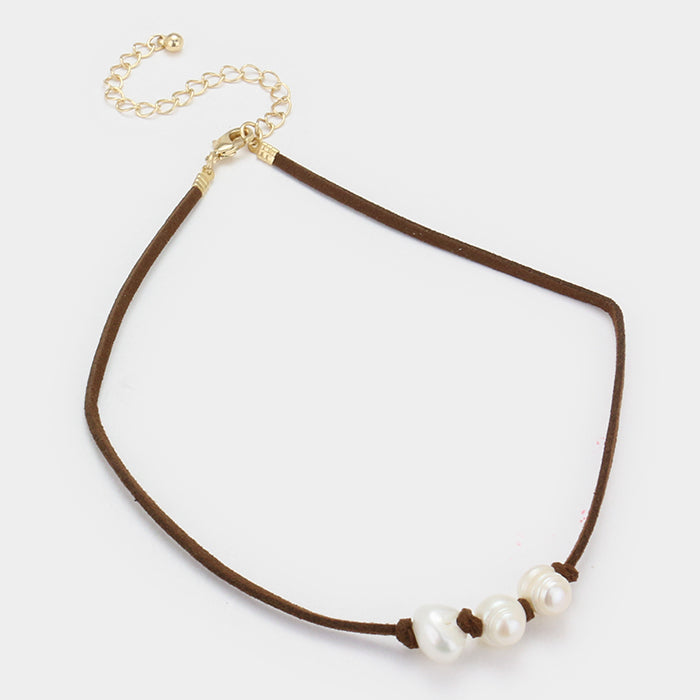 iLLASPARKZ Tied triple freshwater pearl faux suede choker necklace