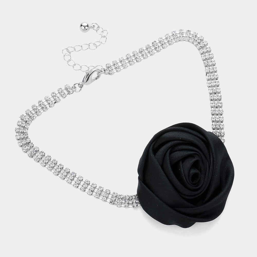 iLLASPARKZ Fabric Flower 3-Row Rhinestone Choker Necklace