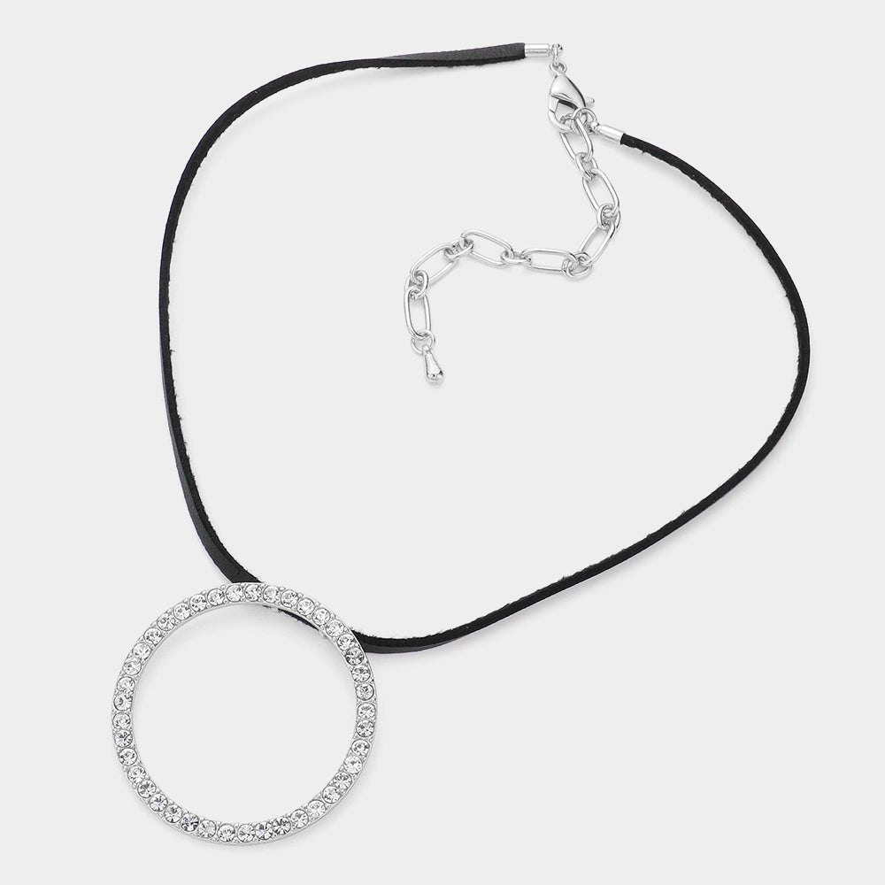 iLLASPARKZ Rhinestone Paved Open Circle Pendant Faux Leather Choker Necklace