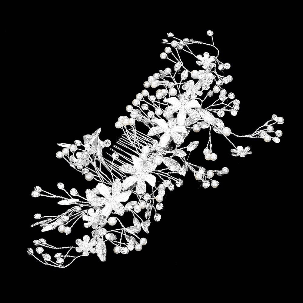 iLLASPARKZ Pearl Stone Embellished Flower Leaf Hair Comb