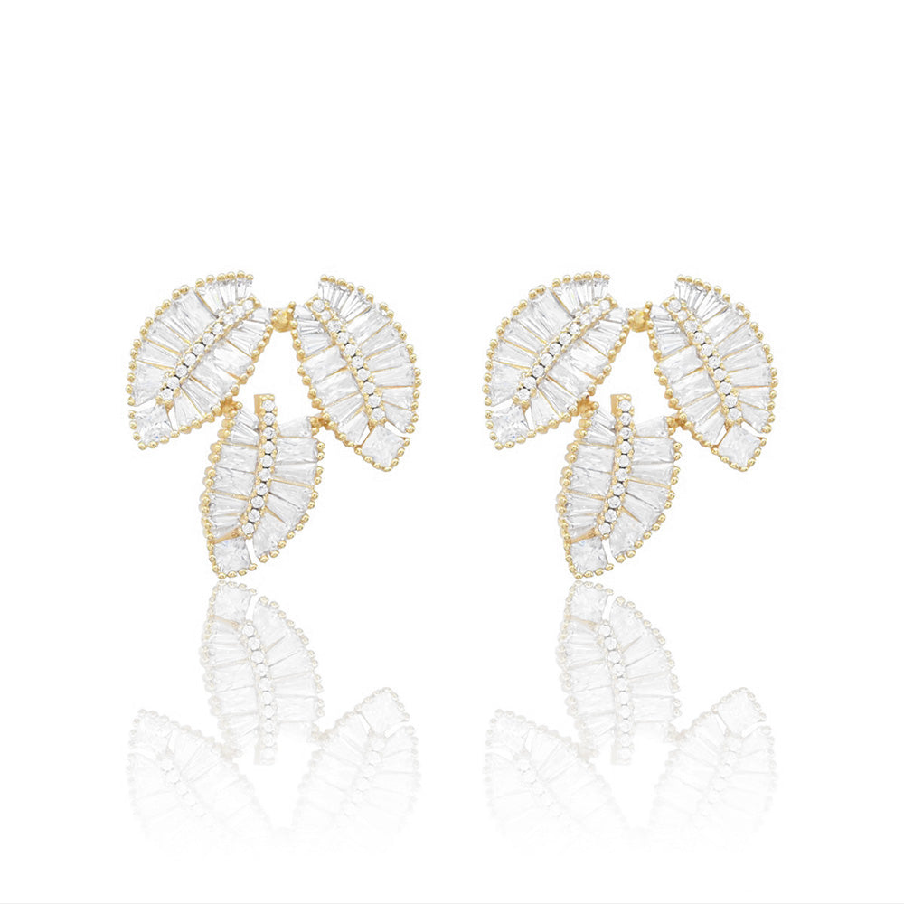 iLLASPARKZ Gold Dipped CZ Stone Embellished Leaves Evening Earrings