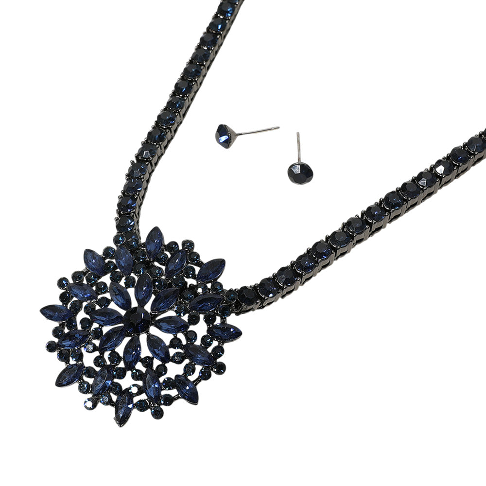 iLLASPARKZ Marquise Round Stone Embellished Flower Cluster Pendant Bling Studded Chunky Chain Necklace