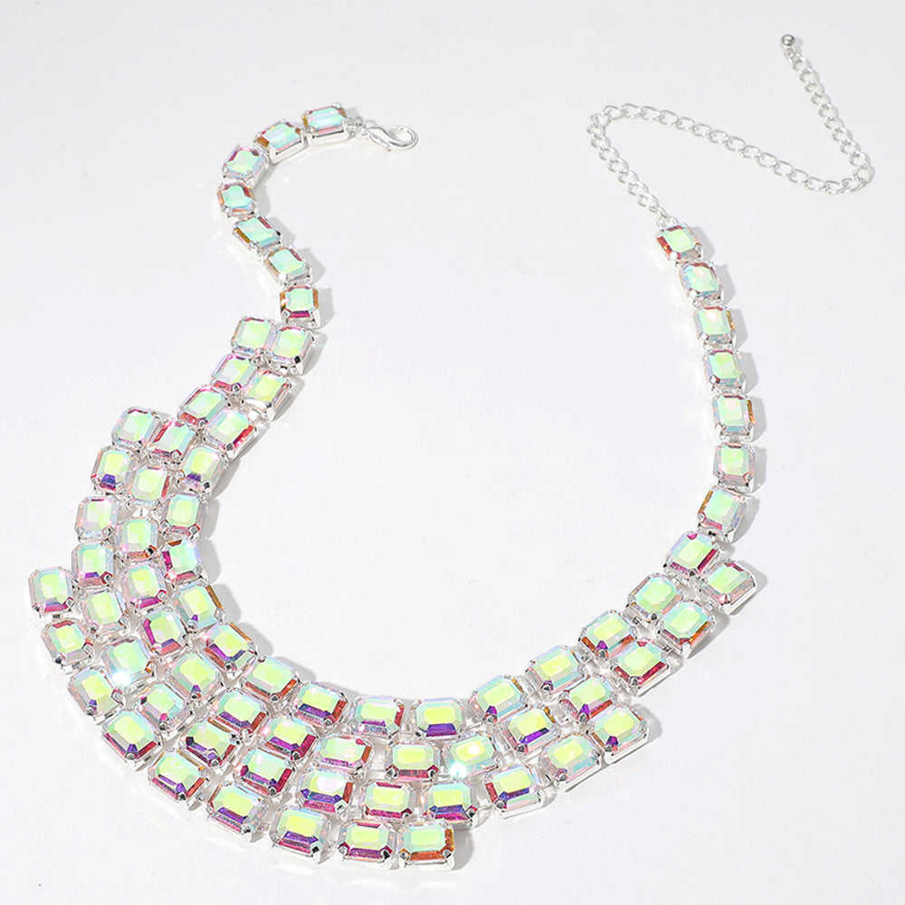 iLLASPARKZ Emerald Cut Glass Stone Cluster Layered Collar Evening Necklace